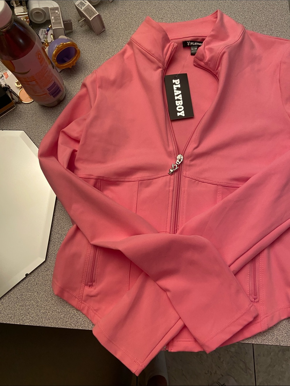 PLAYBOY Women’s Coral Pink Zip-Up Bomber Jacket